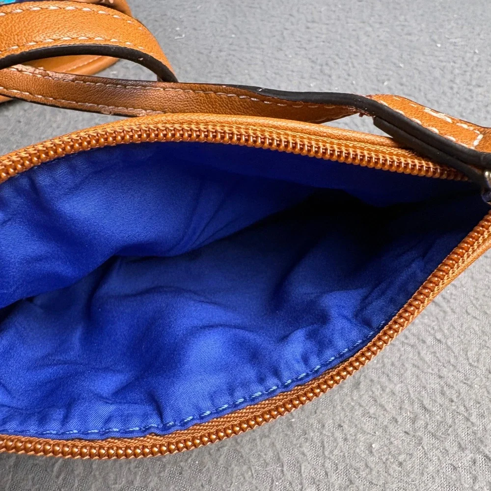 Nine West Cognac Brown Faux Leather Wristlet Pouch with Blue Lining